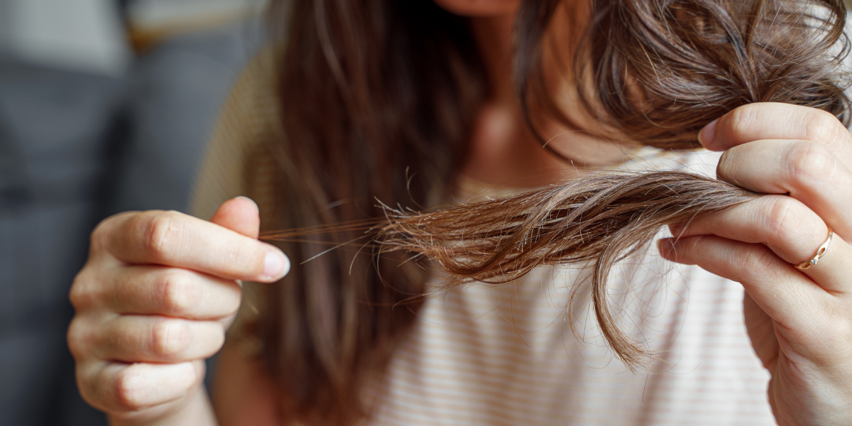 A woman holding a chunk of her hair and pulling hair that has fallen out