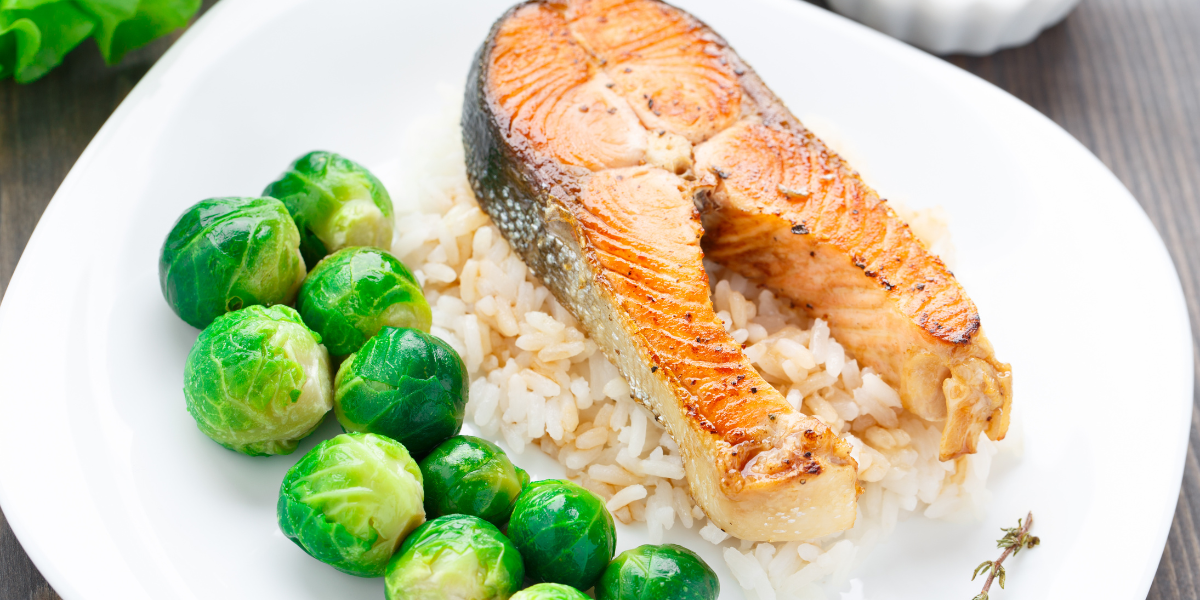 Spicy Salmon With Roasted Brussel Sprouts and Basmati Rice